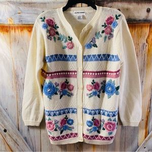 90s Cottage Core Cream Floral Button Down Cardigan Wool Blend Alfred Dunner